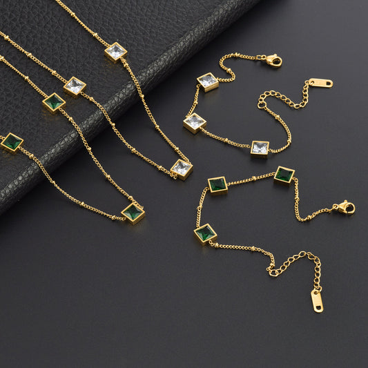 Light Luxury Niche High-End Green Square Diamond Necklace