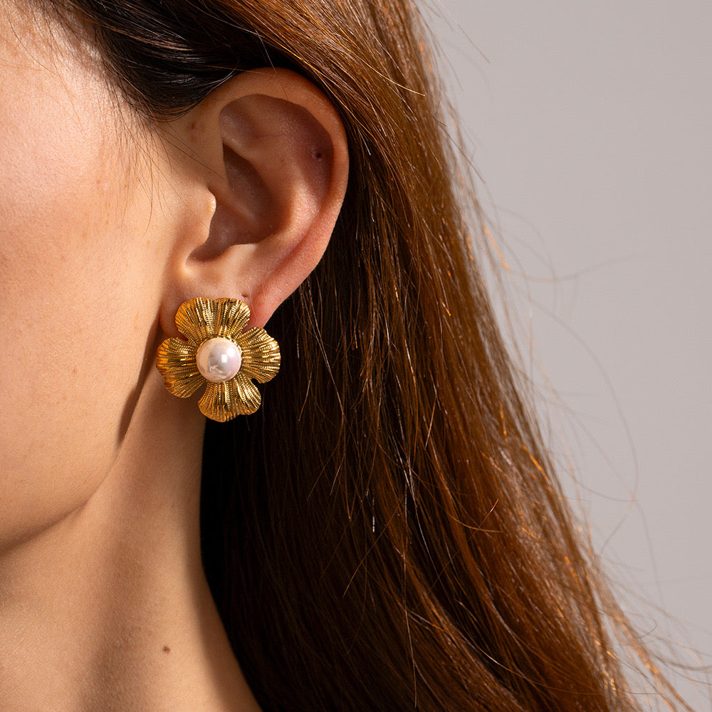 Premium Gold Flower Pearl Earrings