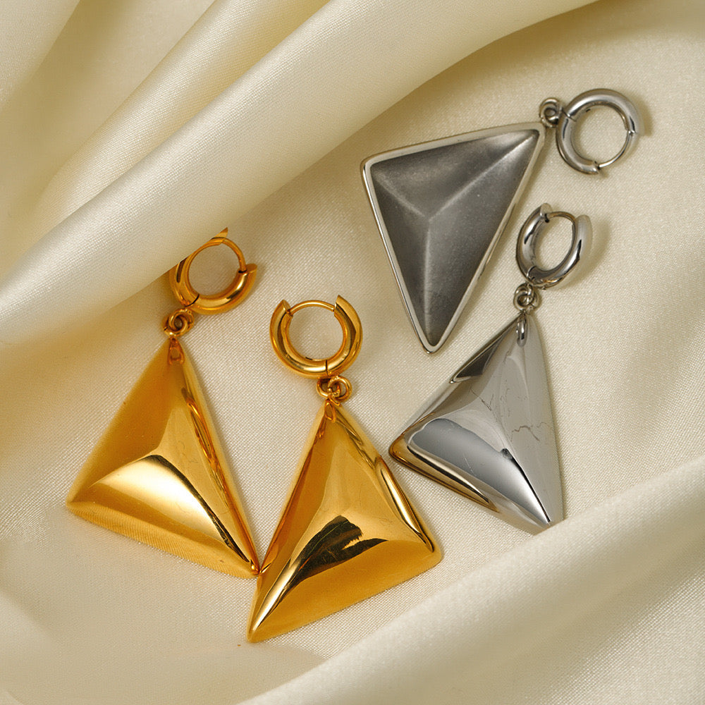 Gold Silver Triangular Pyramid Drop Earrings