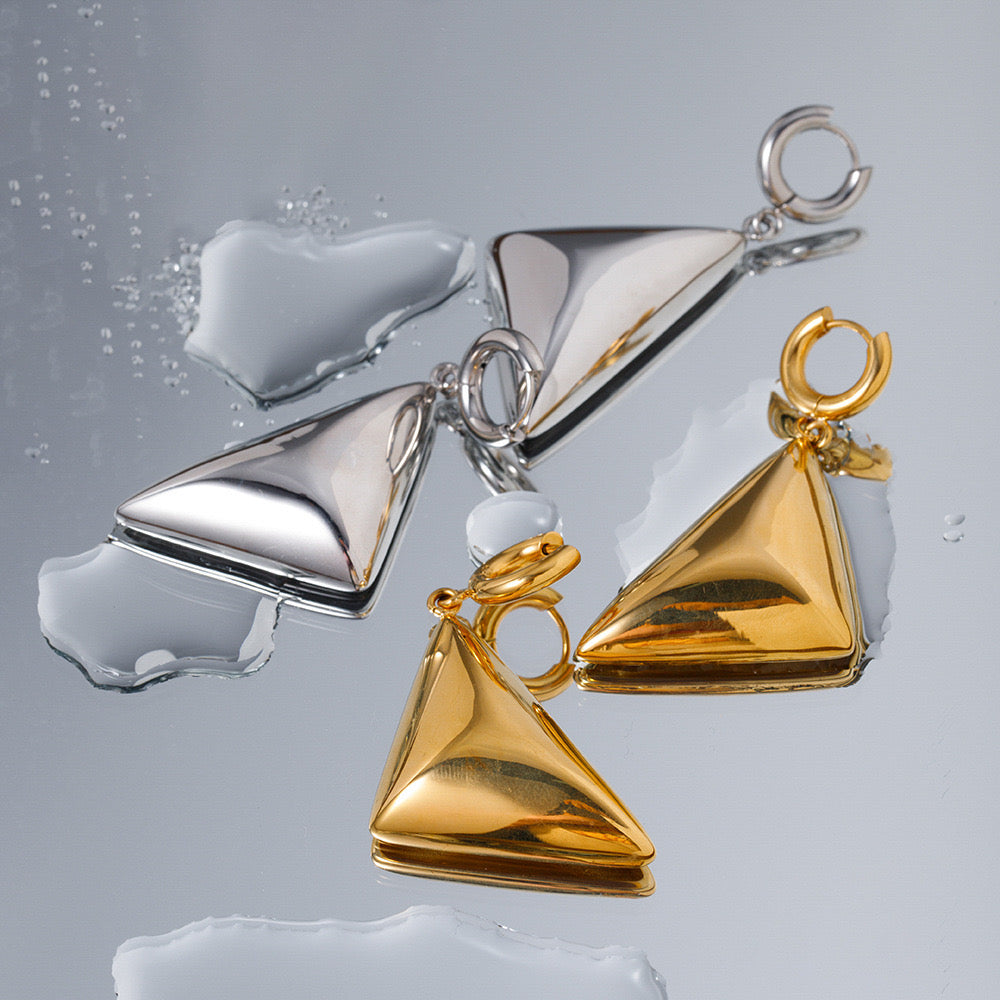 Gold Silver Triangular Pyramid Drop Earrings