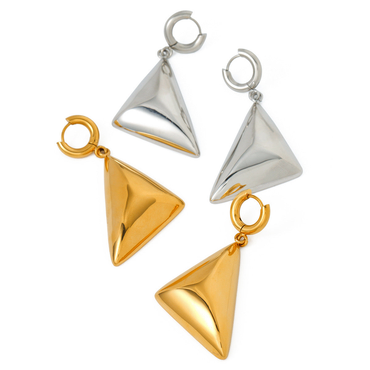 Gold Silver Triangular Pyramid Drop Earrings