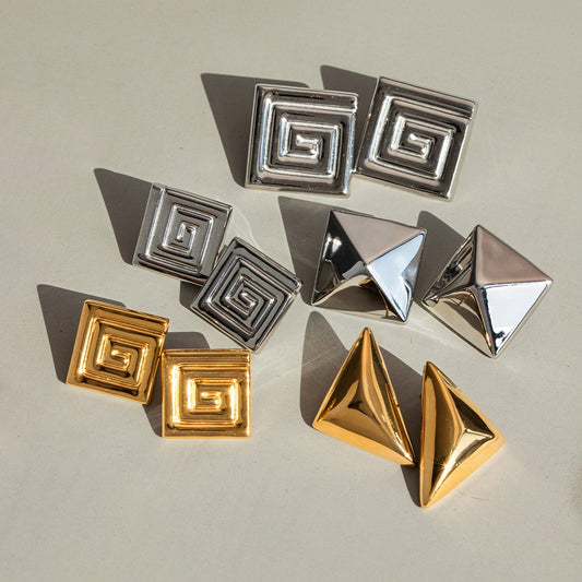 Light Luxury High-End Golden Silver Triangular Tower Maze Shiny Niche Design Metal Earrings