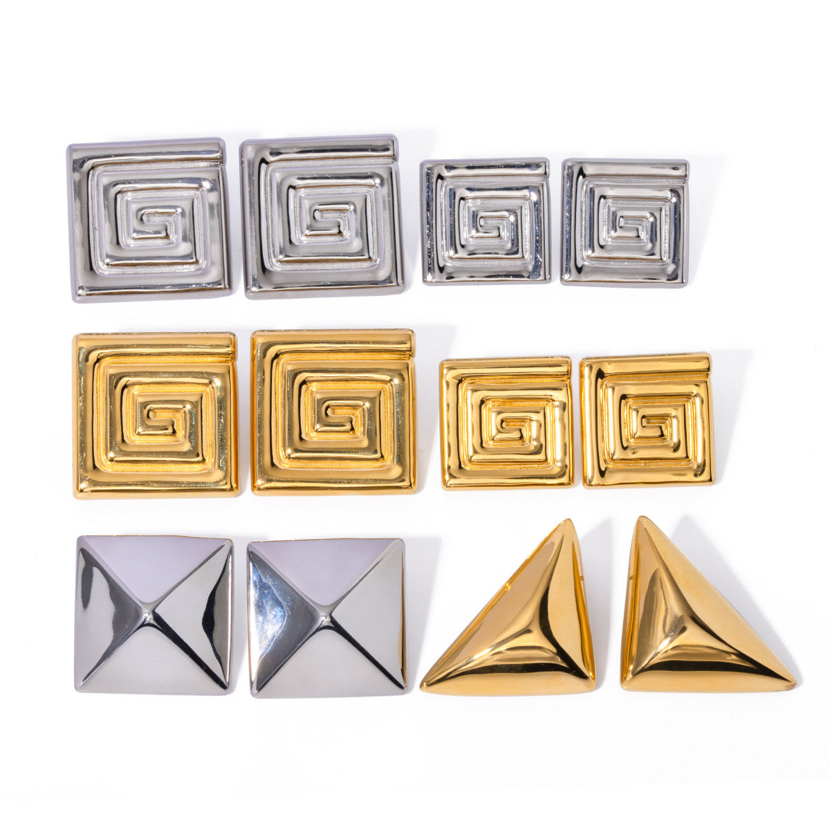 Light Luxury High-End Golden Silver Triangular Tower Maze Shiny Niche Design Metal Earrings